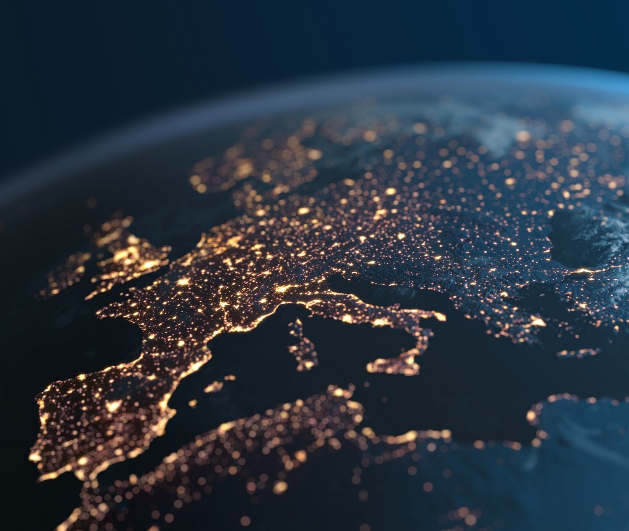 Europe and surrounding areas seen from space. Perfectly usable for topics like global business or European economy and culture. High quality 3D rendered image made from ultra high res 20k textures by NASA:
https://visibleearth.nasa.gov/images/55167/earths-city-lights,
https://visibleearth.nasa.gov/images/73934/topography,
https://visibleearth.nasa.gov/images/57747/blue-marble-clouds/77558l
